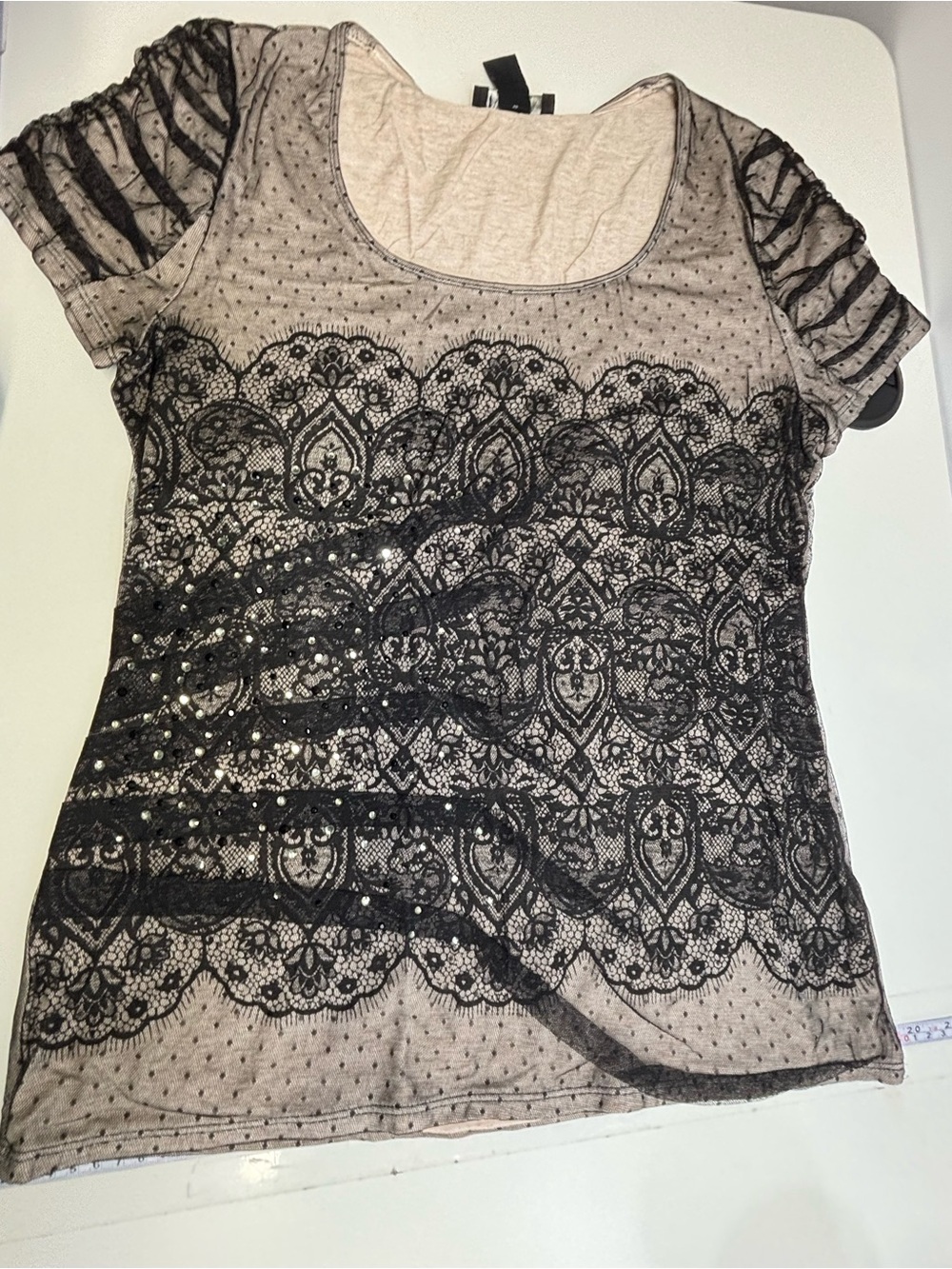 White House Black Market Black & Nude Swiss Dot Lace Rhinestone Top M